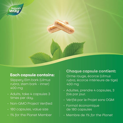 Nature's Way 榆树皮提取物 – 舒缓胃肠道 (GI) 炎症的草本补充剂 – 非转基因，180 粒素食胶囊，超值装