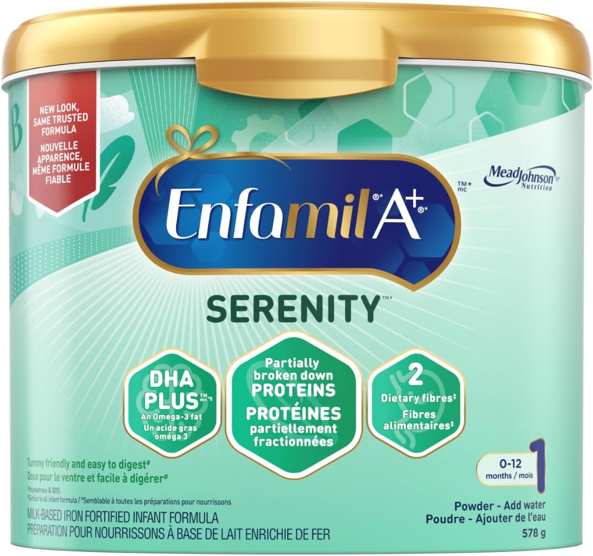 Enfamil A+ Serenity 婴儿配方奶粉，专为软便设计，Omega-3 DHA 和纤维混合物，可重复使用奶粉盒，578 克