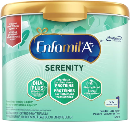 Enfamil A+ Serenity 婴儿配方奶粉，专为软便设计，Omega-3 DHA 和纤维混合物，可重复使用奶粉盒，578 克