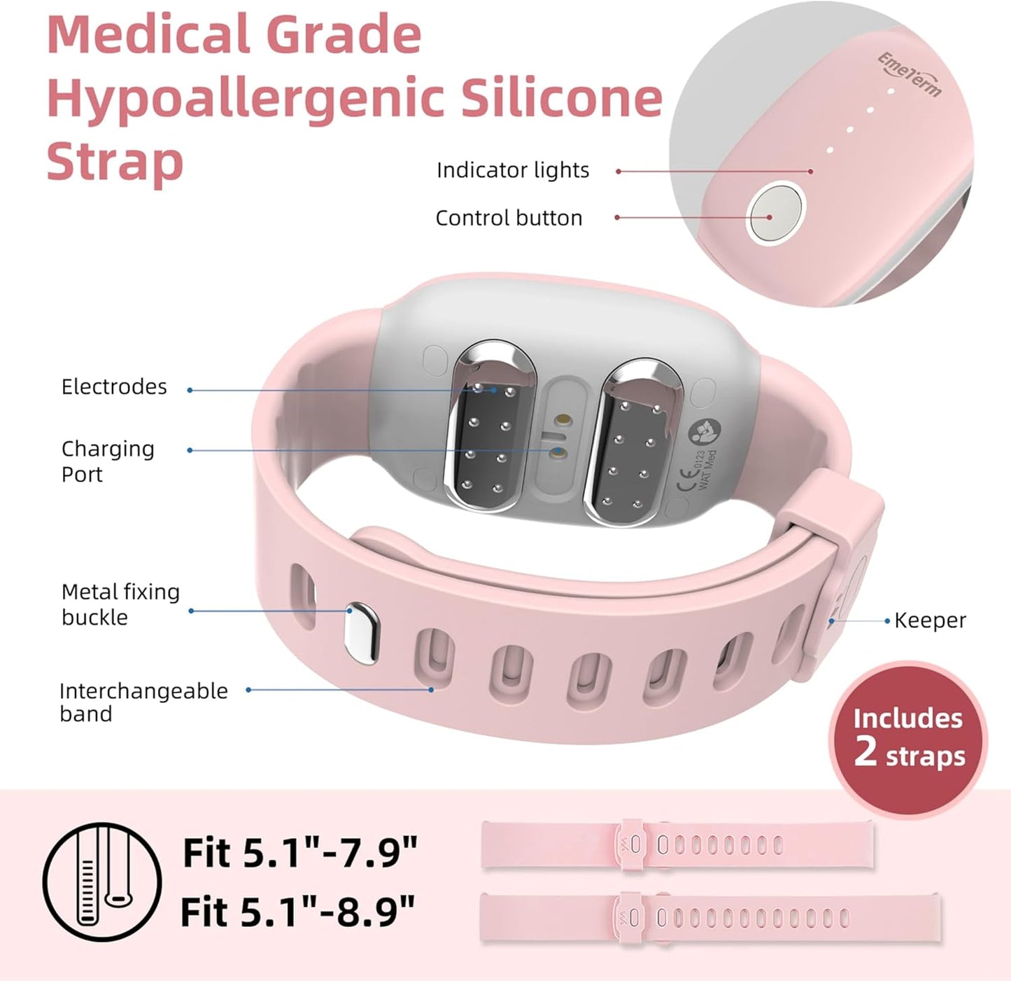 EmeTerm Fashion Pink FDA Cleared Relieve Nausea Electrode Stimulator Morning Sickness Motion Travel Sickness Vomit Relief Rechargeable No Gel Drug Free Wrist Bands Without Side Effects