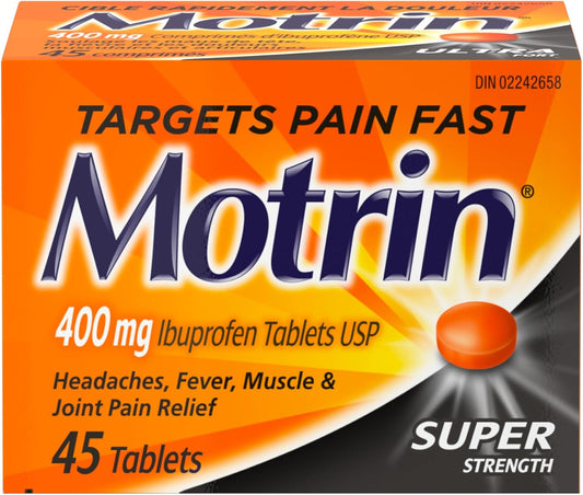 Motrin 超强效片剂，缓解痛经、头痛、背痛，布洛芬 400 毫克，45 片
