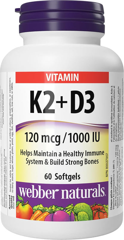 Webber Naturals 维生素 K2 加 D3，60 粒软胶囊，有助于支持骨骼、牙齿和免疫功能，不含麸质和乳制品