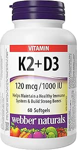 Webber Naturals 維生素 K2 加 D3，60 粒軟膠囊，有助於支持骨骼、牙齒和免疫功能，不含麩質和乳製品