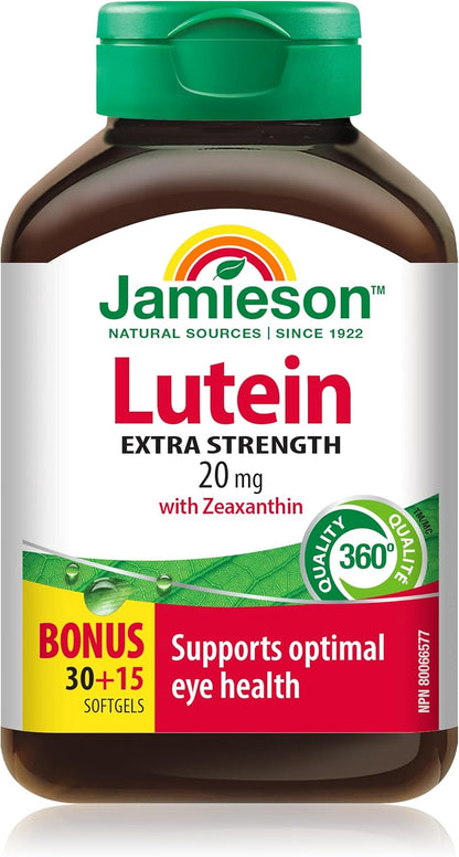 Jamieson 強效葉黃素 20 毫克，添加玉米黃質，支持眼部健康，預防老年性黃斑部病變，並有助於降低白內障風險。非基因改造，無麩質，45 粒軟膠囊，加拿大製造