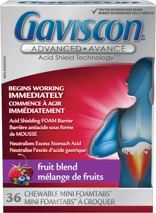 Gaviscon 強效咀嚼迷你片 - 36 片 - 發泡抗酸片，日夜緩解胃灼熱、胃酸倒流和胃食道逆流症，水果混合 - 不含鋁、乳糖和麩質
