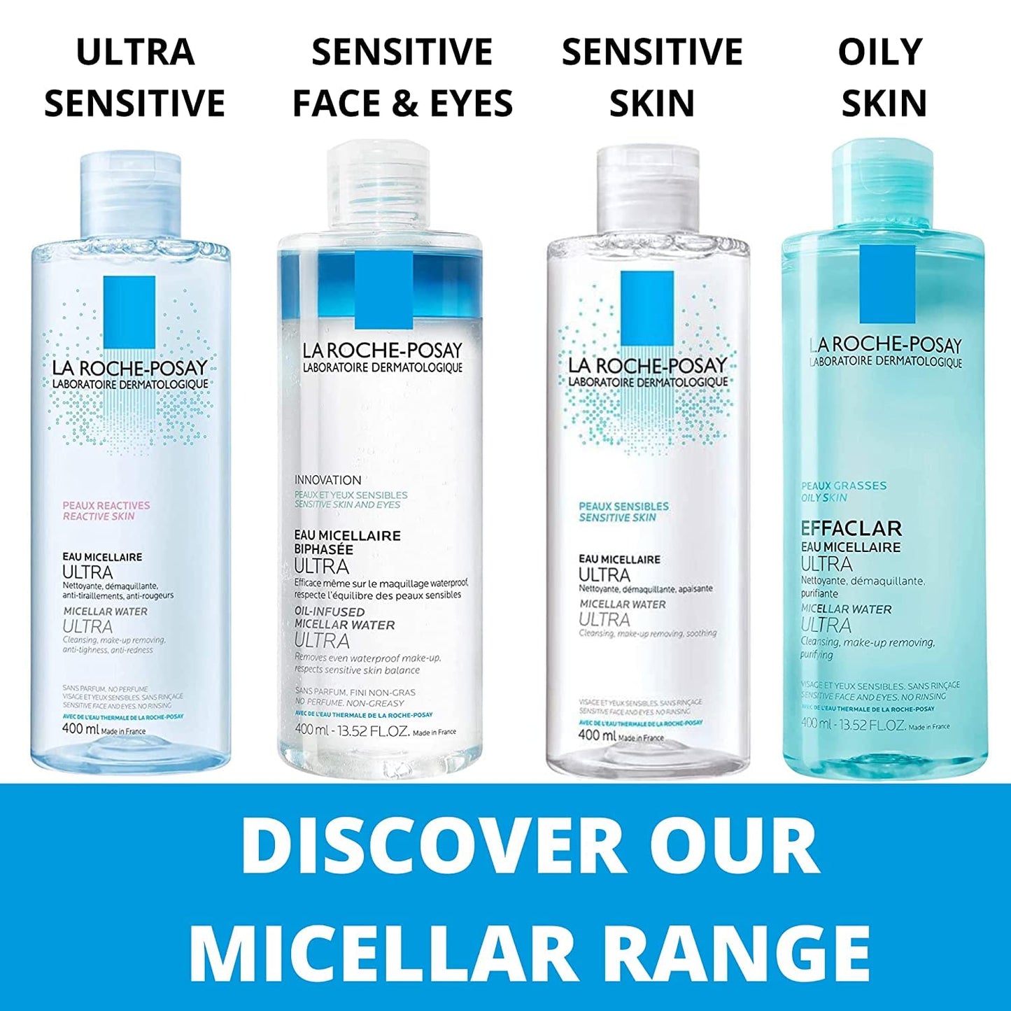 La Roche-Posay MICELLAR WATER for Ultra-Reactive & Sensitive Skin with Glycerin. Cleansing & Makeup Removing for FACE & EYES. Fragrance Free, Alcohol Free, Paraben Free, VALUE SIZE, 400ML