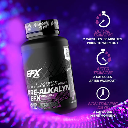 EFX Sports Kre-Alkalyn | PH 值校正肌酸一水合物 | 知情選擇，增強力量，鍛鍊肌肉，提升運動表現 I 不腹脹，不積水 - 120 粒膠囊/60 份
