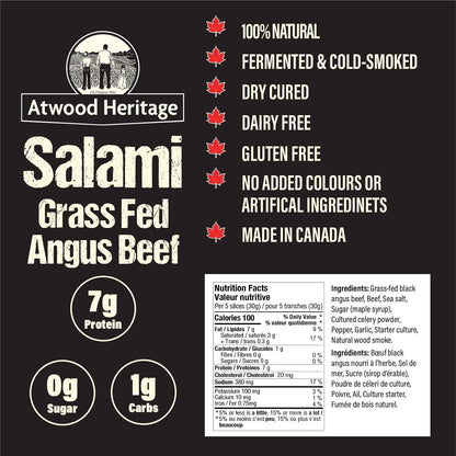 Atwood Heritage 草飼安格斯牛肉切片薩拉米香腸，125克，高蛋白，無麩質，無硝酸鹽，加拿大製造