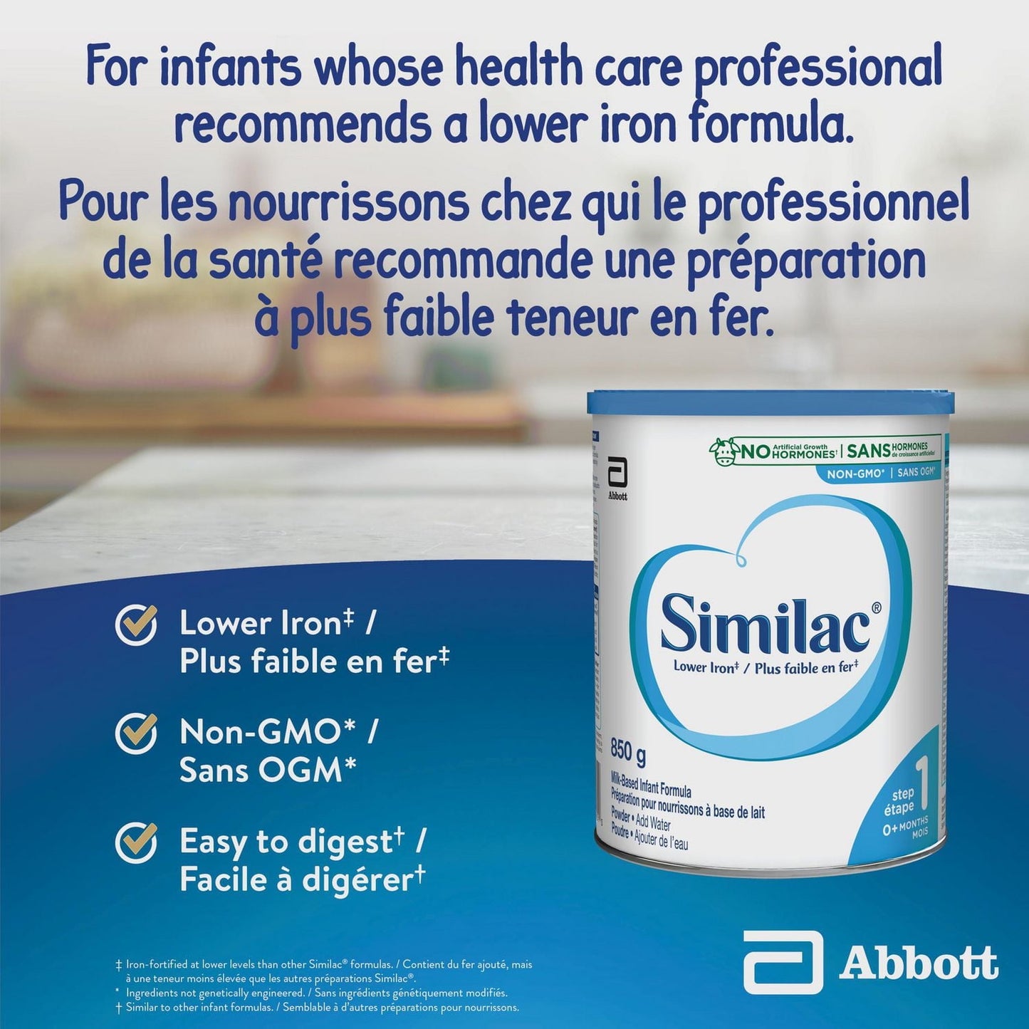 Similac Lower Iron Non-GMO Baby Formula Powder, Newborn Formula, 0+ Months, 850 grams, 850 g