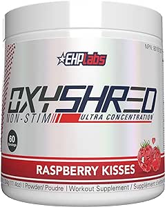 002  EHP Labs OxyShred 非刺激性產熱運動前粉 - 無刺激運動前、不含咖啡因運動前適合男士和女士 - 無糖能量粉 - 覆盆子之吻，60 份