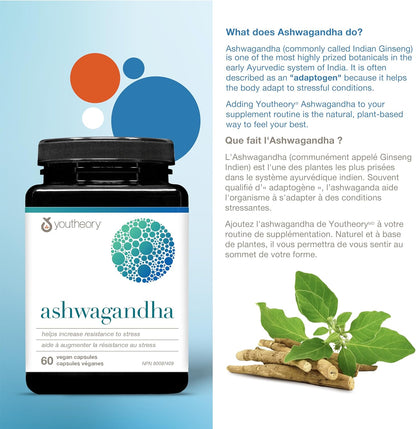 Youtheory 南非醉茄膠囊，每份含 7,200 毫克，經臨床驗證的 KSM-66 和 GingeverGinger 成分，可增強南非醉茄的功效。有助於增強對壓力和焦慮的抵抗力，純素，60 粒膠囊