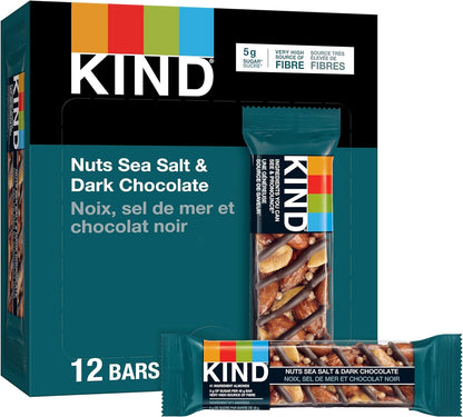 KIND 能量棒，坚果海盐黑巧克力，无麸质，低糖，40 克，12 块；水果坚果焦糖杏仁海盐，无麸质，低糖，1.4 盎司，5 块