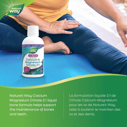 Nature's Way 檸檬酸鈣鎂 2:1 液體補充劑，含維生素 D3 和膠原蛋白，有助於維持骨骼和牙齒健康，不含維生素 K2，藍莓味，500 毫升