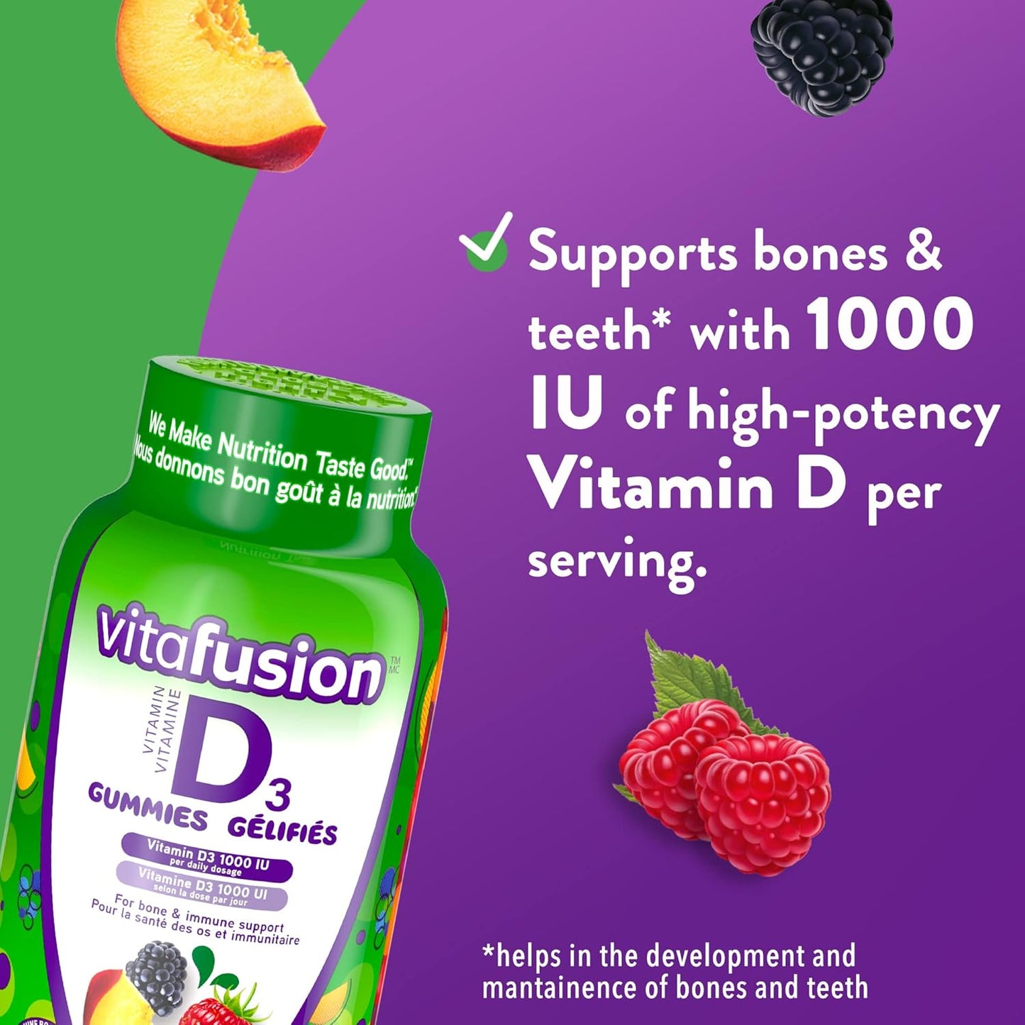 Vitafusion D3 成人維生素軟糖，1000 IU 維生素 D3 每日劑量，支持骨骼和牙齒*，150 粒，5 個月用量，包裝可能有所不同