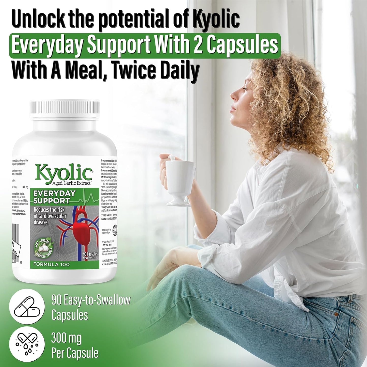 Kyolic - 陳年大蒜萃取補充劑 - 配方 100 日常支持 300 毫克，90 粒膠囊，22 天供應 - 無味大蒜丸 - 促進心臟健康並支持整體健康