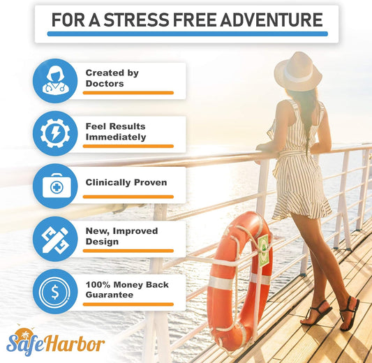 SafeHarbor Motion Sickness Wristbands | 4 Travel Wrist Bands, Cruise Essentials | Natural Sea Sickness and Nausea Relief in Children and Adults | Helpful E-Book Included