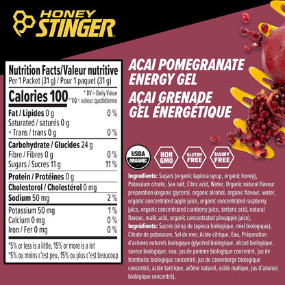 Honey Stinger Organic Acai Pomegranate Energy Gel | Gluten Free & Caffeine Free | For Exercise, Running and Performance | Sports Nutrition for Home & Gym, Pre and Mid Workout | 24 Pack, 31g