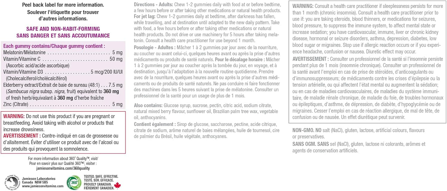 Jamieson 褪黑素 5 毫克 + 免疫軟糖，天然混合莓果口味，富含維生素 C、維生素 D、鋅和接骨木莓，有助於改善睡眠質量，增強免疫力。非基因改造、無麩質、無人工香料…