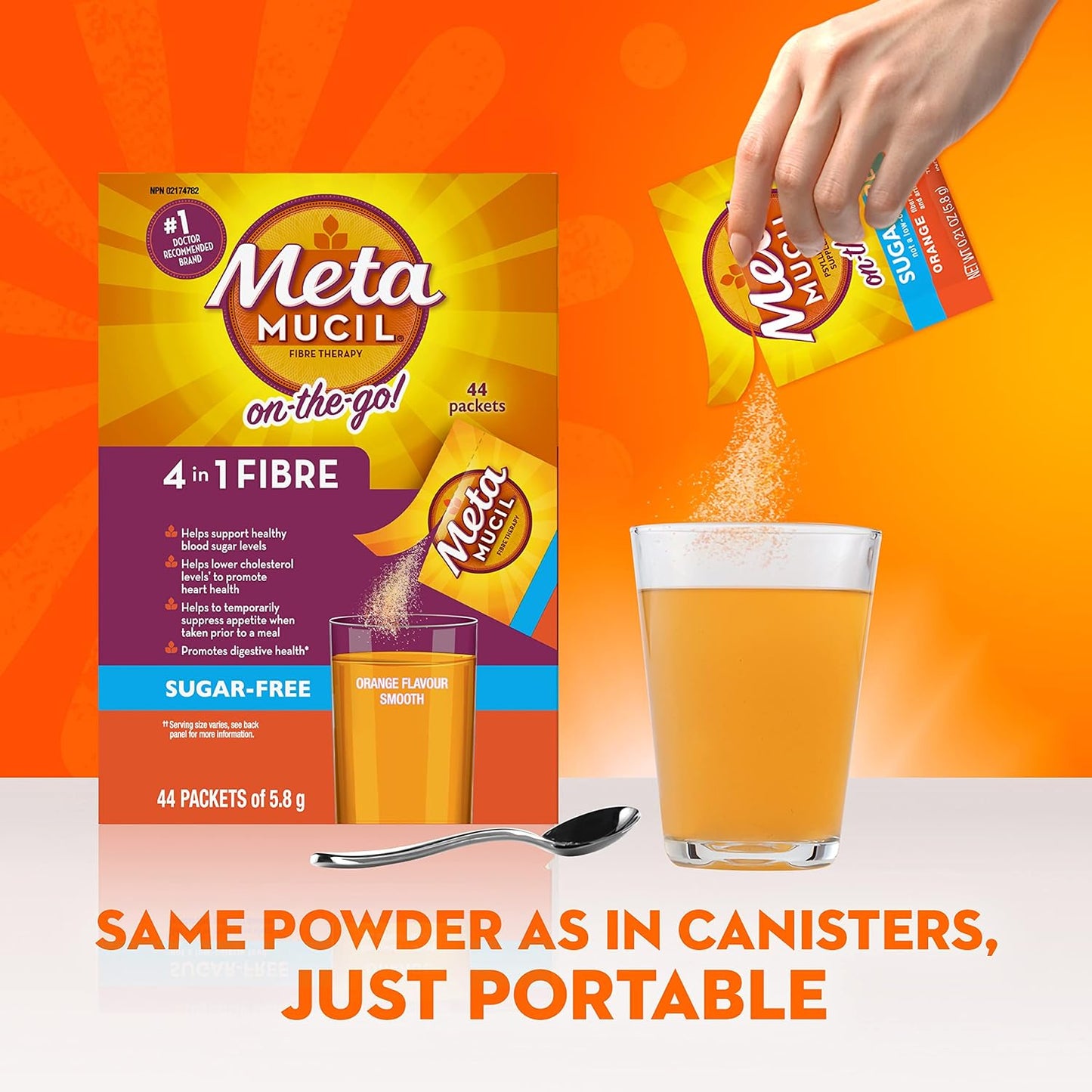 Metamucil, 每日車前子殼粉補充包，無糖，四合一膳食纖維，促進消化健康，橙味順滑飲料，44 份