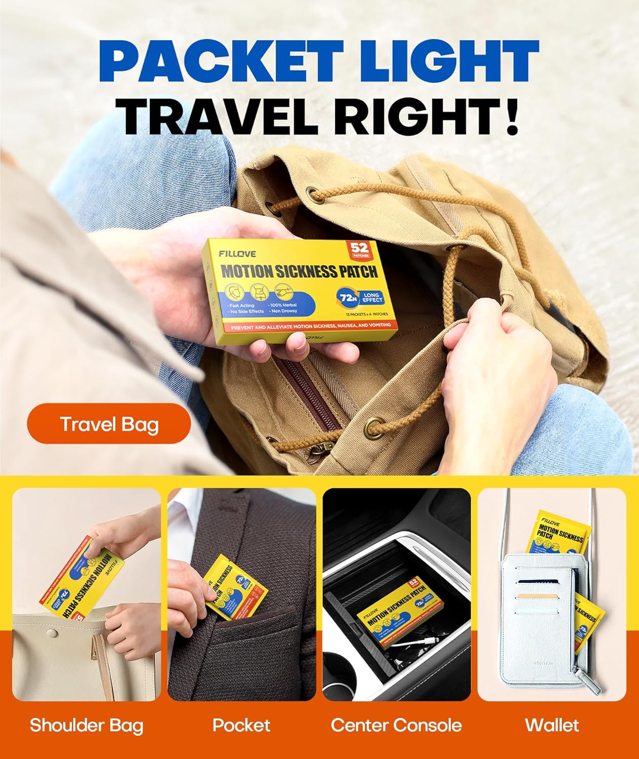 FILLOVE 52片暈車貼，不瞌睡，72小時持久暈船貼，郵輪必備，2025年，100%天然暈車貼，汽車、飛機、輪船高原反應旅行必備品