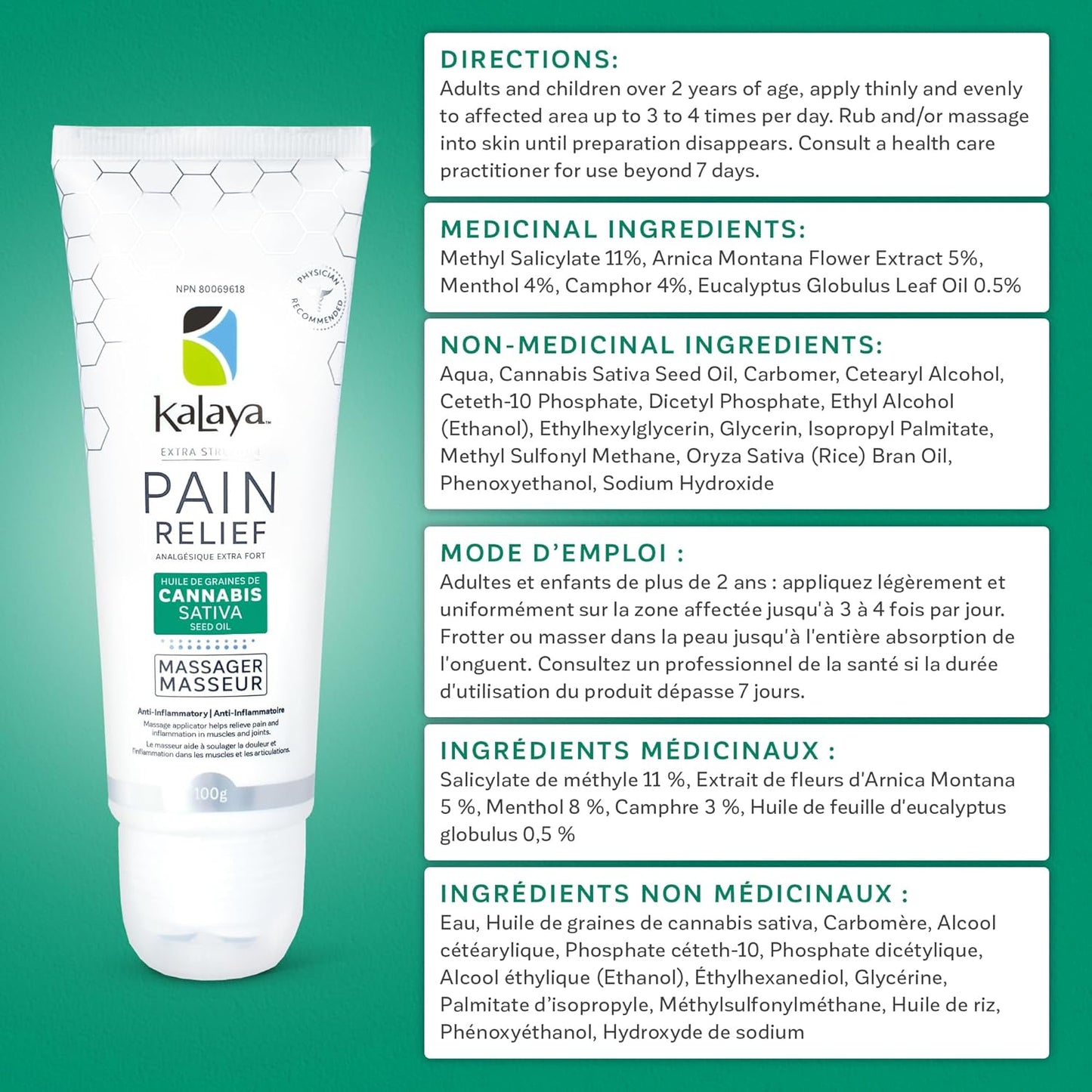 KaLaya 强效止痛霜，含 CSSO 和滚轮按摩球，适用于背部、颈部、肌肉、肩部、手部和膝盖，含有天然活性成分、止痛和抗炎成分（100 克）