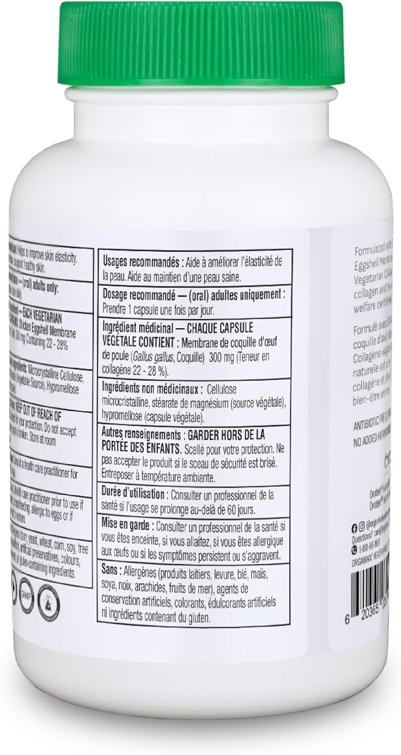 Organika Canadian-Made Vegetarian Collagen - Sourced From Natural Eggshell Membrane | For Healthier Skin, Hair, Nails and Joints - 60vcaps