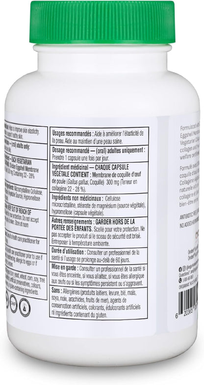 Organika Canadian-Made Vegetarian Collagen - Sourced From Natural Eggshell Membrane | For Healthier Skin, Hair, Nails and Joints - 60vcaps