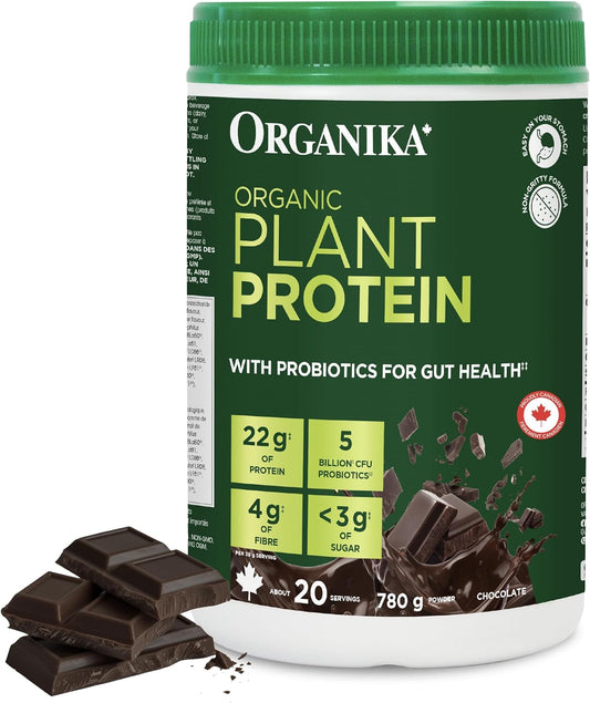 Organika 有機植物蛋白粉巧克力味，含益生元和益生菌 - 22 克純素蛋白，4 克膳食纖維，支持消化、腸道健康、能量和肌肉恢復 - 低糖，非基因改造 - 780 克
