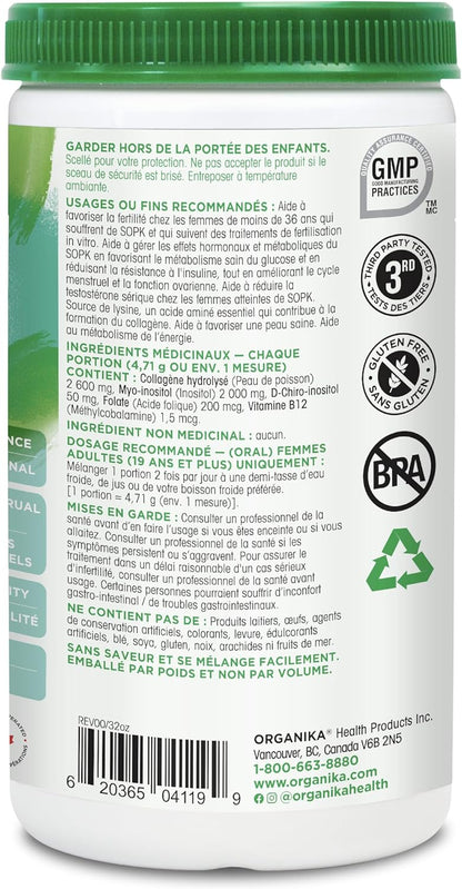 Organika Canadian-Made Marine Collagen PCOS Relief Powder - Clinically Researched 40:1 Inositol Blend, Folate, B12 - Helps support Hormone Balance, Menstrual Cycle and Fertility - 283g