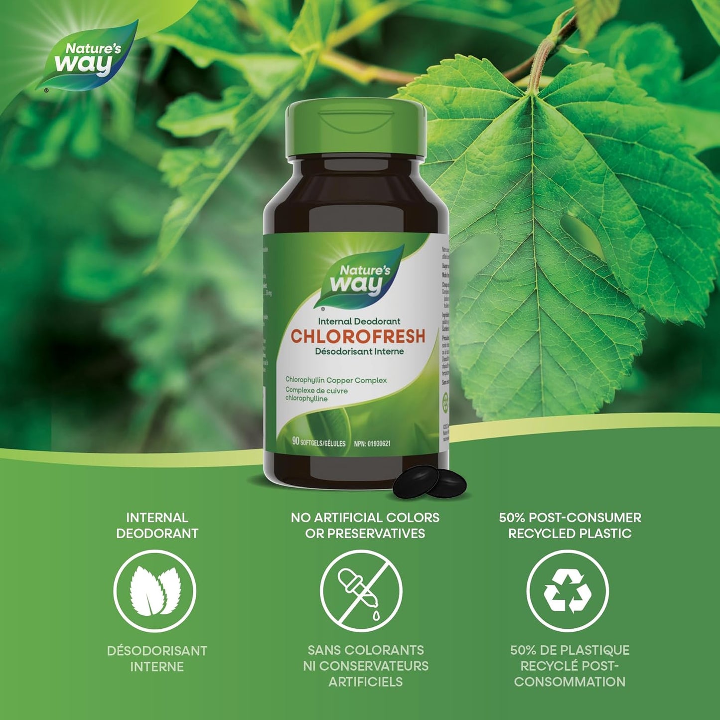Nature's Way Premium Chlorofresh Softgels - Water-Soluble Chlorophyllin Copper Complex, Internal Deodorant, 90 Softgel Capsules