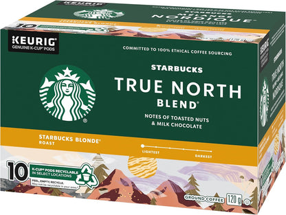 星巴克 True North 金色淺烘焙咖啡，單份 Keurig K-cup 膠囊，6 盒，60 粒膠囊和 TRUE NORTH BLEND 金色烘焙研磨咖啡 K-CUP 膠囊，10 支裝