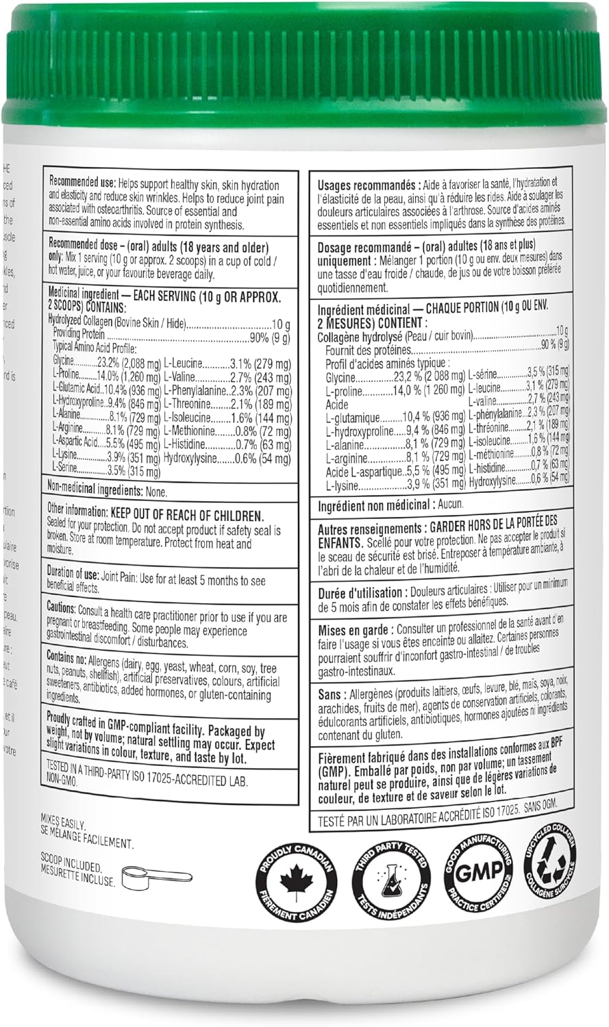 Organika Canadian-Made Enhanced Collagen Powder - for Healthy Hair, Skin, Nails, and Joints. Hydrolyzed Protein Peptides for Better Absorption- Grass-Fed, Non-GMO- Unflavoured- 750g