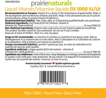 Prairie Naturals 液体维生素 D3 胆钙化醇 1,000 IU - 15ml x 12 包