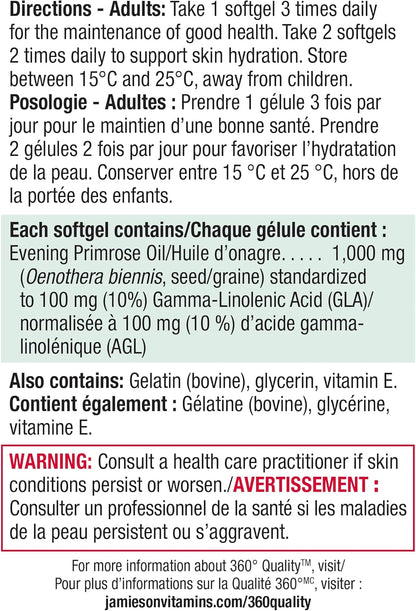 Jamieson 月见草油 1000 毫克，富含 Omega-6，促进肌肤保湿，令肌肤光滑细腻，减轻痤疮症状，并缓解湿疹症状。非转基因，无麸质，85 粒软胶囊，加拿大制造