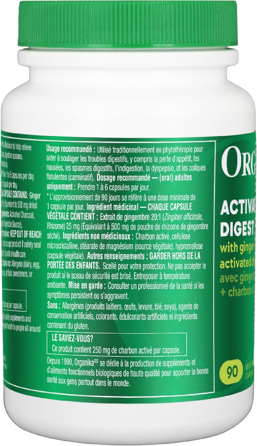 Organika 加拿大制造消化缓解片 - 含生姜和活性炭 - 缓解消化不良，90 片（1 包）