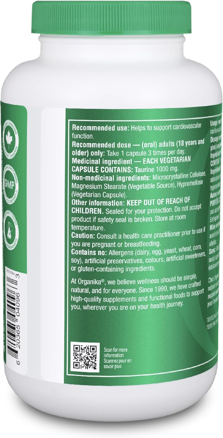 Organika 加拿大製造超強效牛磺酸 - 1000 毫克 - 支持心血管健康，每日劑量 3000 毫克 - 240 粒膠囊