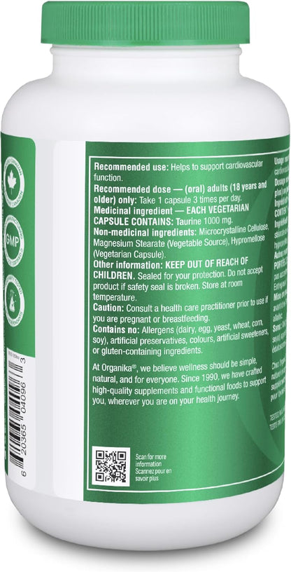 Organika 加拿大製造超強效牛磺酸 - 1000 毫克 - 支持心血管健康，每日劑量 3000 毫克 - 240 粒膠囊