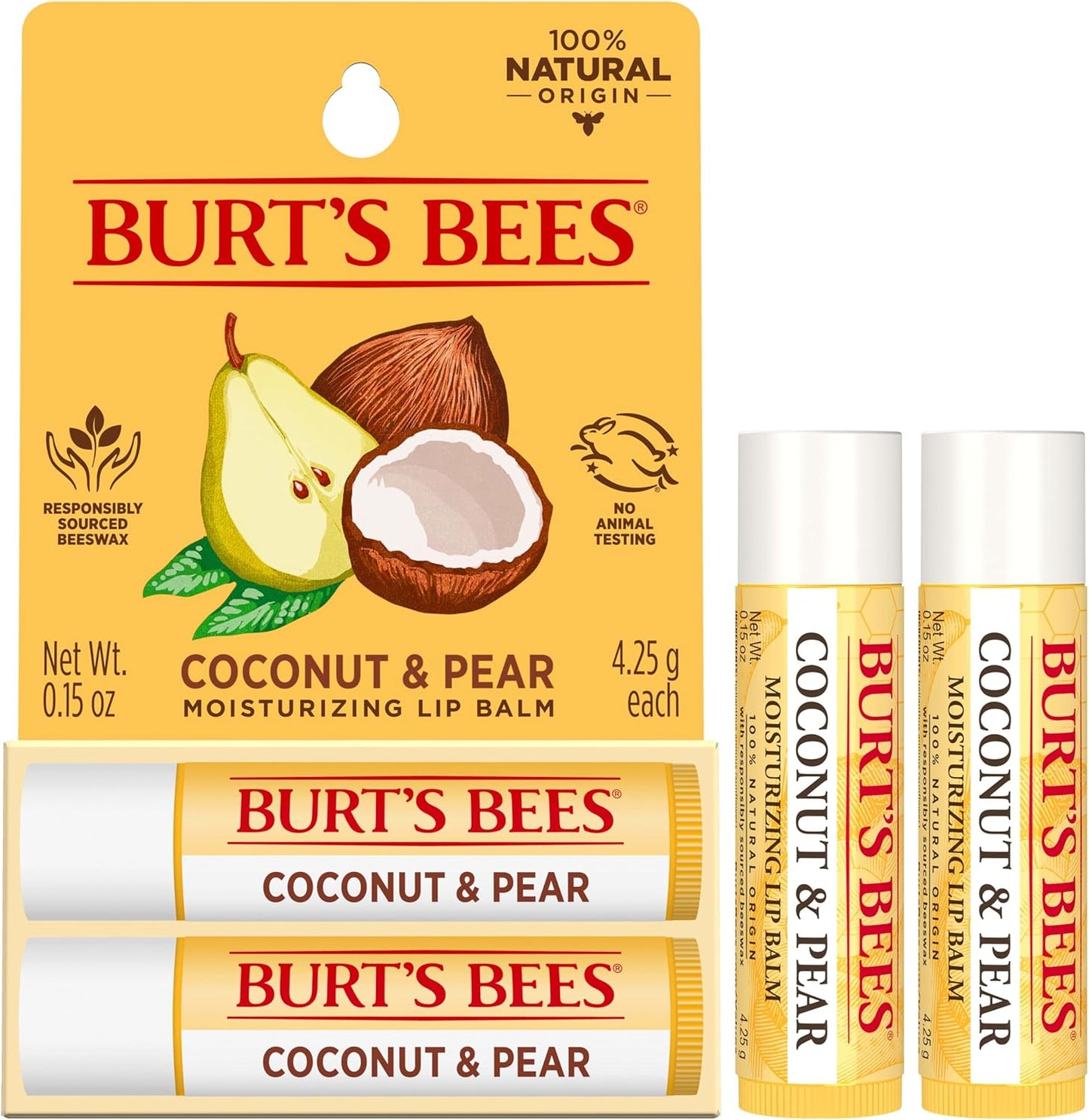 Burt's Bees 100% 天然保湿润唇膏，椰子和梨味，2 支装