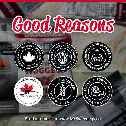 McSweeney's Original Beef Steak Nuggets Box. 100% Made in Canada, High Protein Snacks, Gluten Free, Low Fat, Meat Snacks, Naturally Smoked, Shelf Stable, Bulk Case 85g (Pack of 12)