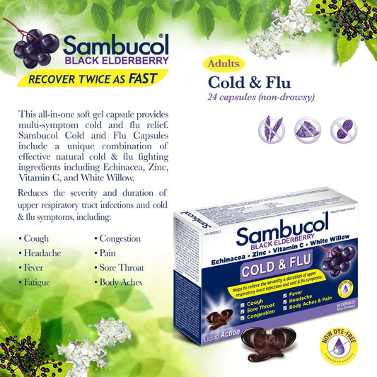 Sambucol Black Elderberry – Cold & Flu Relief | Echinacea, Zinc, Vitamin C & White Willow | Helps Relieve Congestion, Sore Throat, Coughs & Fatigue | Natural Health Product, For Adults | 24 Capsules