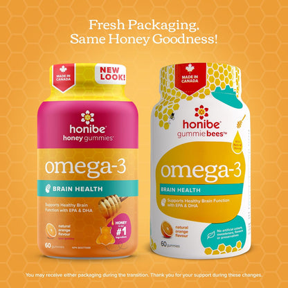 Honibe Omega 3 Gummies for Kids and Adults | Made in Canada | Supports Brain Health | Trusted Source of Omega-3 EPA & DHA Vitamins | Sustainably Sourced Fish Oil | No Fishy Taste | Omega 3 Fatty Acids | 60 Gummies