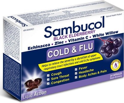Sambucol Black Elderberry – Cold & Flu Relief | Echinacea, Zinc, Vitamin C & White Willow | Helps Relieve Congestion, Sore Throat, Coughs & Fatigue | Natural Health Product, For Adults | 24 Capsules