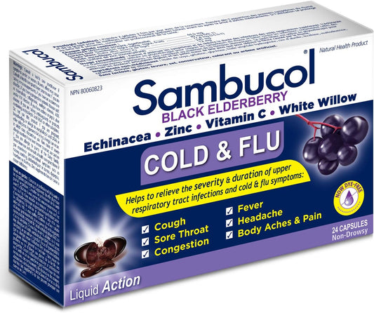 Sambucol Black Elderberry – Cold & Flu Relief | Echinacea, Zinc, Vitamin C & White Willow | Helps Relieve Congestion, Sore Throat, Coughs & Fatigue | Natural Health Product, For Adults | 24 Capsules