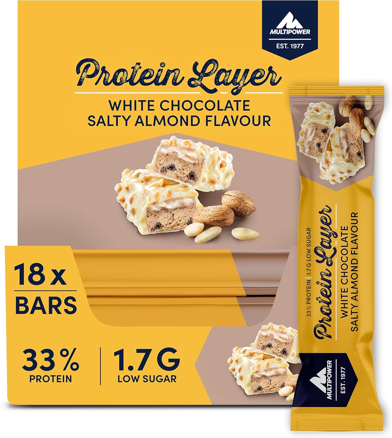 Multipower Protein Layer Bar - White Chocolate Salty Almond Flavor - High-Protein Multi-Layer Snack - 50g Bars (18 Pack)