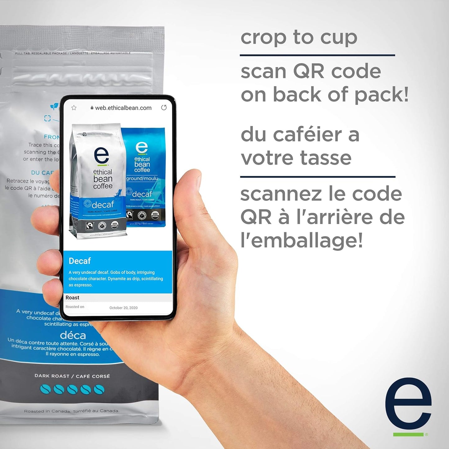 Ethical Bean Coffee 公平贸易有机咖啡，脱咖啡因深度烘焙，研磨咖啡 - 227克/袋