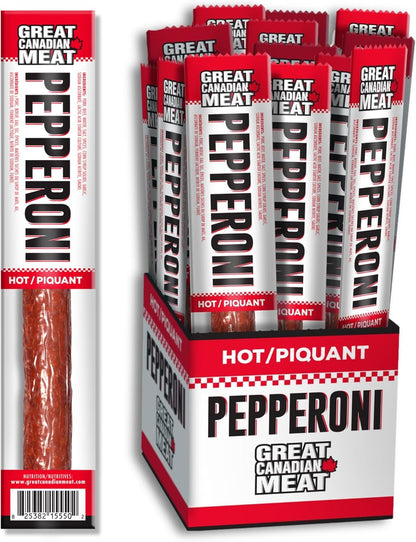 Hot Pepperoni Sticks Box, 18 x 22g Caddies by Great Canadian Meat, Meat Stick Snacks, Bulk Pepperoni Sticks Box for Carnivores. Perfect for Snacking, Gluten Free, High in Protein'
