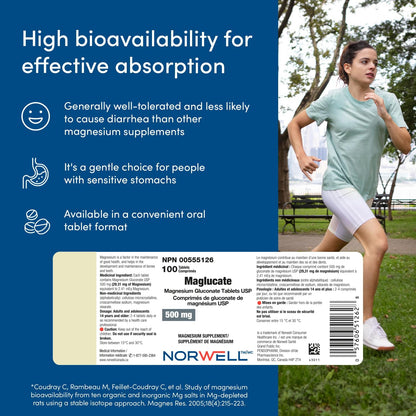 Maglucate，葡萄糖酸鎂每日劑量，促進整體健康，男女適用鎂補充劑，支持肌肉功能，500毫克，100片
