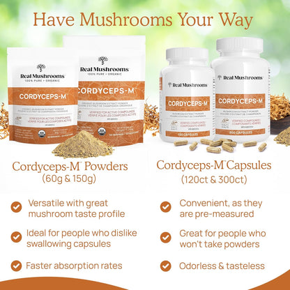 Real Mushrooms Cordyceps Capsules - Organic Militaris Extract with Measured Beta-Glucans Fungal Polysaccharides Immunomodulating Properties Vegan Supplement, Non-GMO, 300 Caps