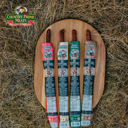 Country Prime Meats 照烧干腌意大利辣香肠条。100% 加拿大制造。高蛋白零食。不含亚硝酸盐，不含人工香料，天然烟熏，不含麸质。40克（25包）