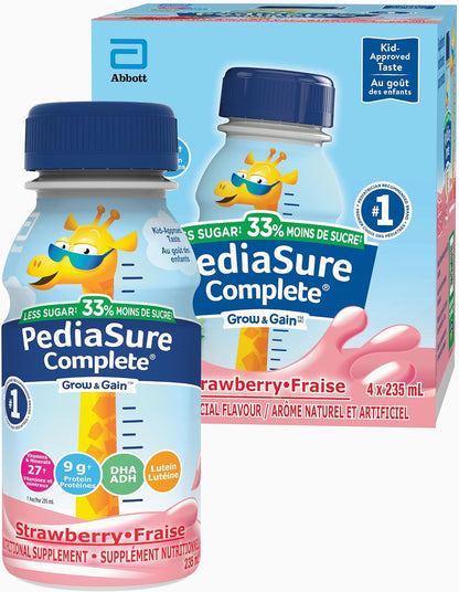 PediaSure Complete Reduced Sugar，减少 33% 的糖，营养补充剂，4 x 235 毫升，草莓味，940 毫升